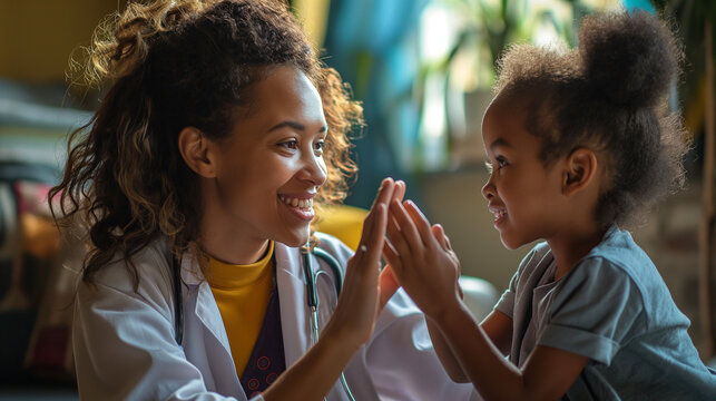 Little kid giving hive five to a doctor in the clinic. Children heath care.