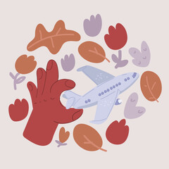 Vector illustration of aviation hospitality and travel, air hostess holding airplane in hand, aviation academy