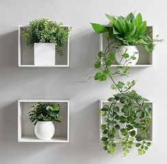 Modern white cube shelves featuring fresh green houseplants on a gray wall