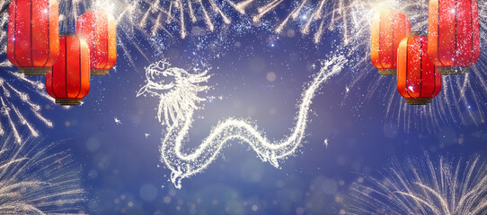 Chinese New Year lanterns and dragon firework