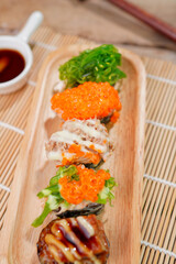 japanese style food sushi Slices and sauce, wasabi 