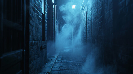 Mystical Alleyway Entrance A narrow alley with a shimmering, smoke-filled portal, casting a mysterious glow Perfect for mystery novel covers or atmospheric video game levels