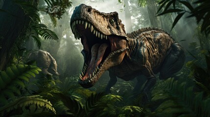A fearsome dinosaur emerging from dense prehistoric foliage - obrazy, fototapety, plakaty
