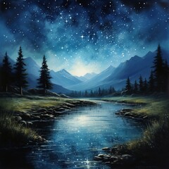 Fototapeta na wymiar a painting of a night scene with mountains and a river