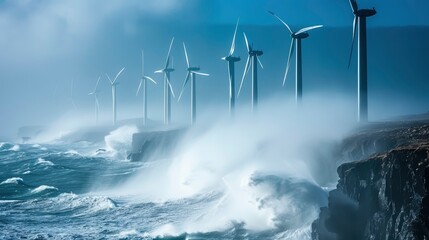 Wind turbines on a coastline: A row of tall white wind turbines standing against a backdrop of crashing waves