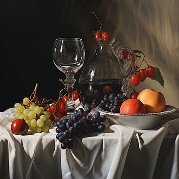 a painting of a bowl of fruit and a glass of wine