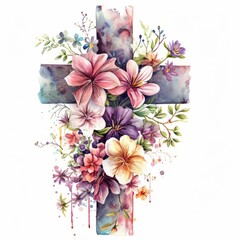christian cross with cascading flowers, on white background, watercolor, pastel colors, feminine