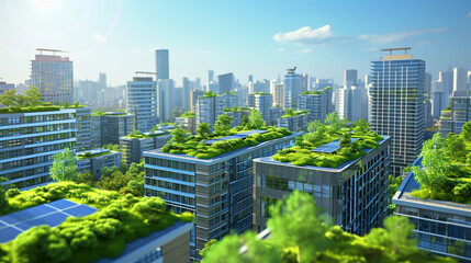 Green Roof and Solar Panels A cityscape view showcasing buildings with green roofs and solar panels, representing urban eco-solutions Suitable for architectural and urban planning - obrazy, fototapety, plakaty