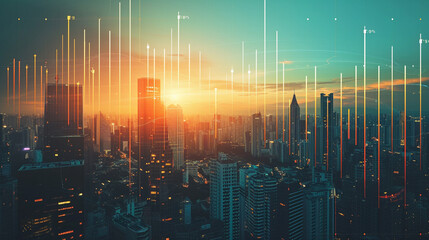 Growing Cityscape with Financial Graphs A city skyline growing alongside ascending financial graphs Perfect for real estate investment advertisements - obrazy, fototapety, plakaty