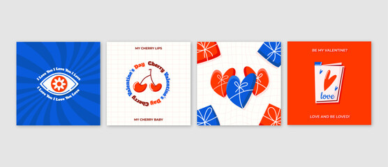 Square Shape Love Valentine's Day Posters. Greeting card, cover, label, sale promotion templates, pattern background in trendy modern abstract style. Hand drawn cartoon heart, cherry and love book.