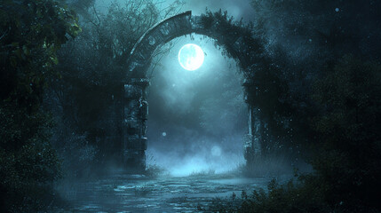 Gothic Archway Portal A gothic-style archway with a shimmering portal, set in a misty, moonlit garden Ideal for Gothic romance novel covers or Halloween event posters - obrazy, fototapety, plakaty