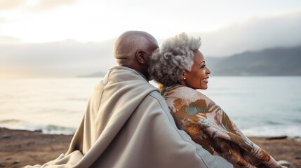 Fototapeta premium Authentic retirement bliss: A rear view of a happy senior African-American couple enjoying the sea and mountains on a cloudy day at the beach.
