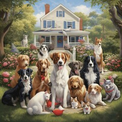 a painting of a group of dogs and cats in front of a house