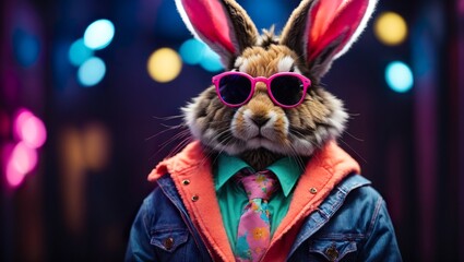 Funny portrait of an anthropomorphic bunny rabbit wearing modern human clothing and pink sunglasses.