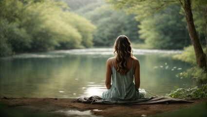 Young woman meditating amidst the lush embrace of nature, surrounded by the calming presence of a forest, foliage, and plants, manifesting tranquility and fostering a peaceful state of mind.