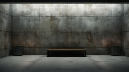 Spacious Modern Concrete Interior Architecture. Empty modern concrete interior, with a large wall and floor made of polished concrete, reflecting a minimalist architectural design. - obrazy, fototapety, plakaty