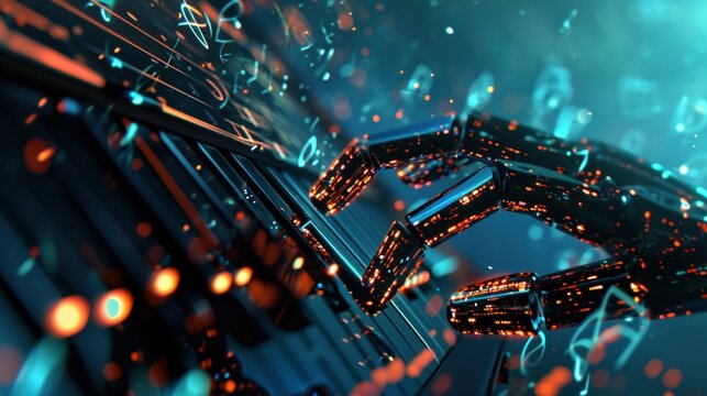 Artificial Intelligence in Music Composition. AI musical staff where notes are being arranged by digital hands, symbolizing AI involvement in music composition and creation