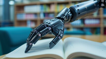 Artificial Intelligence in Educational Administration. robotic arm writing on a notebook, with educational background, role of AI in automating and assisting with educational tasks