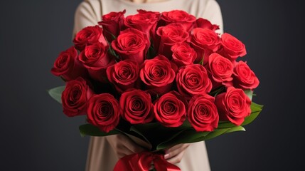 Floral elegance: A closeup of a woman holding a luxury bouquet of fresh red roses on a light background.