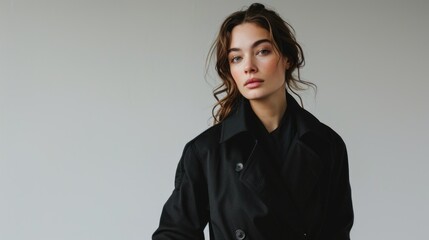 Minimalist fashion. Sustainable, versatile wardrobe Elegant Woman in Classic Black Coat. A poised young woman in sophisticated black trench coat stands against a white background.