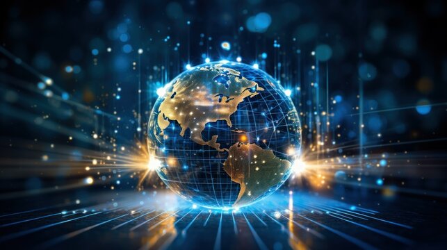 Artificial Intelligence and Global E-Learning. Neon globe surrounded by digital data streams and AI algorithms, highlighting the role of AI in global education and e-learning