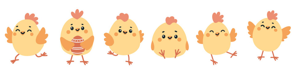 Vector set for easter celebration. Cute little chickens. Vector baby illustration. Chicks on a white background. Vector illustration