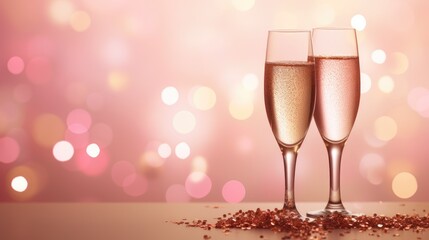 Valentine's toast: Two champagne glasses with red heart-shaped confetti splashes on a pink background.