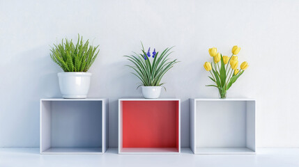 Minimalistic Cubes with Potted Plants and Flowers