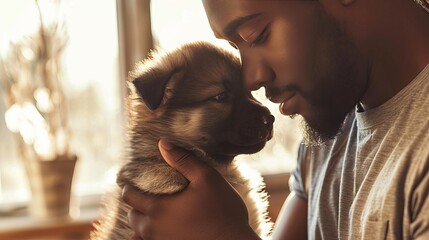 Content dark skinned man cherishing precious moments with adorable small dog in portrait