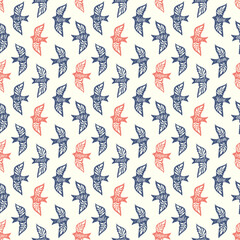 Fun birds inspirational words hand lettering seamless pattern. Decorative folk bird seamless texture