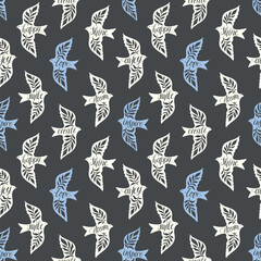Fun birds inspirational words hand lettering seamless pattern. Decorative folk bird seamless texture