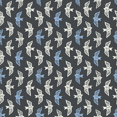 Fun birds inspirational words hand lettering seamless pattern. Decorative folk bird seamless texture