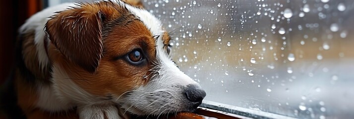 Cute dog standing on two legs by window, waiting for ownerIndoor pets with text space.