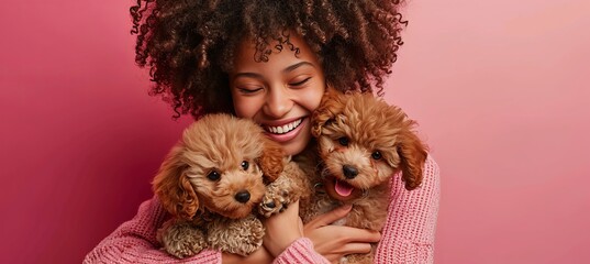 Joyful pet lover with two pedigree dogs, curly hair, pink outfit, studio shot with advertising space