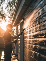 A white man using a rubber holding hose to pressure wash the exterior of a home. - obrazy, fototapety, plakaty