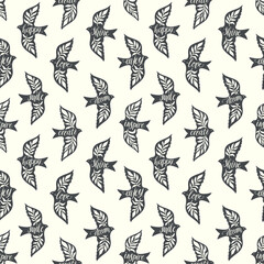 Fun birds inspirational words hand lettering seamless pattern. Decorative folk bird seamless texture
