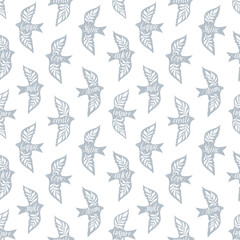 Fun birds inspirational words hand lettering seamless pattern. Decorative folk bird seamless texture