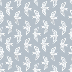 Fototapeta premium Fun birds inspirational words hand lettering seamless pattern. Decorative folk bird seamless texture