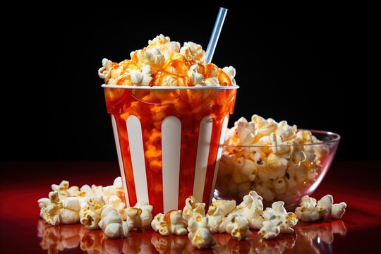 Caramel popcorn in a red and white striped bucket and glass bowl