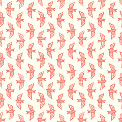 Fun birds inspirational words hand lettering seamless pattern. Decorative folk bird seamless texture