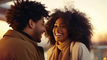 Romantic joy: A happy young black couple looks at each other, smiling with love and happiness.