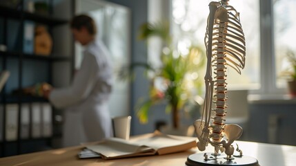 Spine model on desk in chiropractor's workspace. Male client receiving spinal assessment from physical therapist in blurred background.