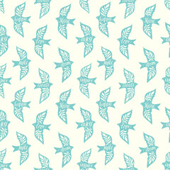 Fun birds inspirational words hand lettering seamless pattern. Decorative folk bird seamless texture