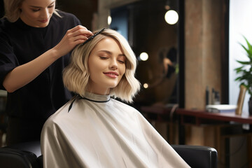 In the salon, a stunning blonde model experiences a makeover – a haircut, hair color change, and stylish transformation. Seated, she converses with the hairstylist, embracing the beauty process.AI