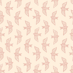 Fun birds inspirational words hand lettering seamless pattern. Decorative folk bird seamless texture