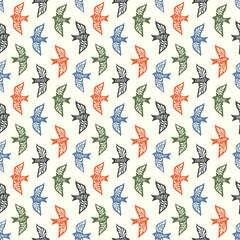 Fun birds inspirational words hand lettering seamless pattern. Decorative folk bird seamless texture