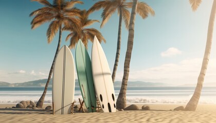 Obraz premium surfboards and palm tree on a beach 