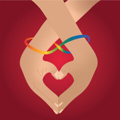 Splecione ręce w kształcie serca pary zakochanych mężczyzn LGBTQ+ - obrazy, fototapety, plakaty
