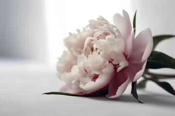 Peony flower on neutral pastel white background. Minimal stylish still life floral composition