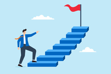 Businessman climb stairs to achieve goal - obrazy, fototapety, plakaty